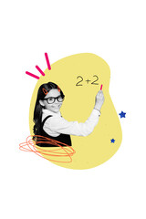 Creative poster collage of funny girl math lesson school day shopping kids education concept freak bizarre unusual fantasy