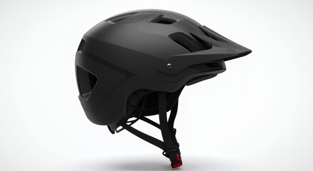 Naklejka premium A black matte full-face mountain bike helmet with a visor and straps is shown against a white background.