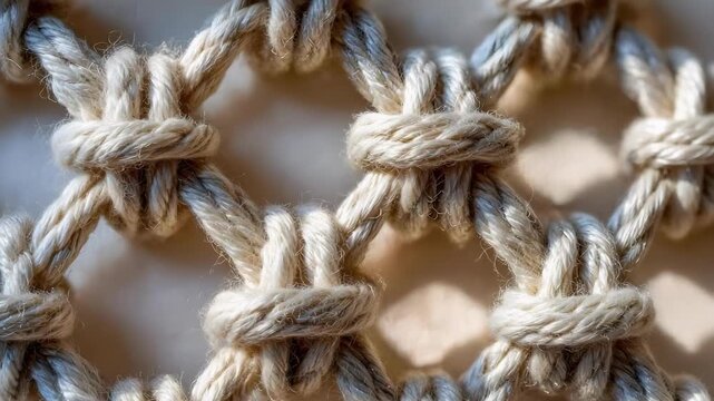 Close-up of a beige rope lattice formed by square knots in a macrame-style net.