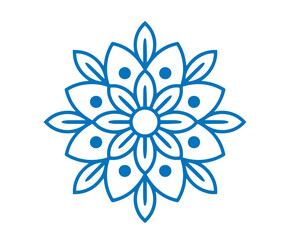 Blue blossom with symmetrical petals and inner circles appears against a clean white backdrop