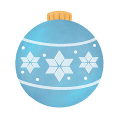 Christmas ornament, beautiful blue christmas ball, watercolor winter isolated decors, holiday illustration for greeting, invitation cards or print.