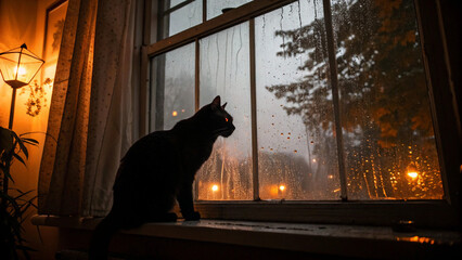 A black cat by the window on a rainy night
