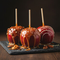 Caramel apples on a wooden stick