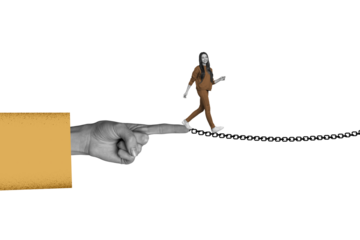 Composite photo collage of happy business girl walk chain link success development human hand point isolated on painted background