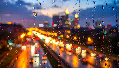 Raindrops on glass window with blurred city lights behind, creating an emotional and cinematic mood