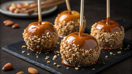 Caramel apples on a dark background