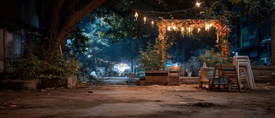 Tranquil Exit Path at Blue Hour with Toran, Paper Lamps, and Folded Chairs, Clean-Up Crew Working Under Calm Night Skies