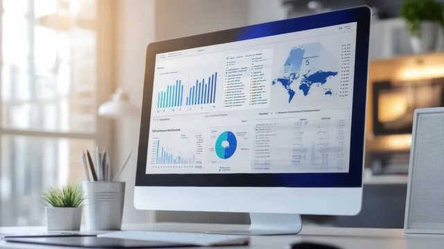 Business Analytics and Data Visualization: A sleek monitor displays a vibrant array of data visualizations and charts, showcasing business analytics and global trends in a modern office environment. 