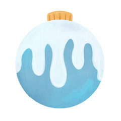 Christmas ornament, beautiful blue christmas ball, watercolor winter isolated decors, holiday illustration for greeting, invitation cards or print.
