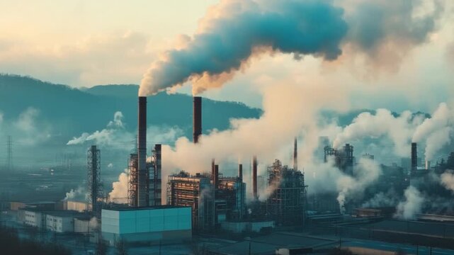 Industrial Smoke: A depiction of an industrial area with smoking chimneys against a cloudy sky, illustrating environmental concerns and industrialization.