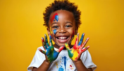 Young black child with hands and face painted in bright colors laughs joyfully against a vibrant yellow background, embodying pure childhood fun and creativity.