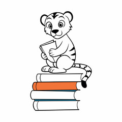 Learning Curve The white tiger cub is sitting on a huge stack of books titled Stock Market for Beginners. It holds a pencil and is reading with deep concentration. White background