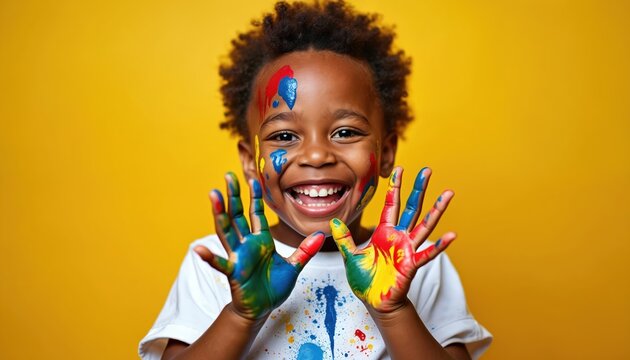Young black child with hands and face painted in bright colors laughs joyfully against a vibrant yellow background, embodying pure childhood fun and creativity.