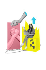 Vertical photo collage of happy girl sit work cube business people handshake success cooperation...