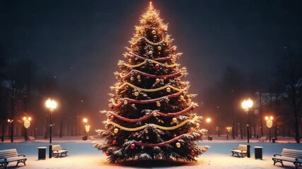 Decorated Christmas tree glowing in snowy park at night - Powered by Adobe