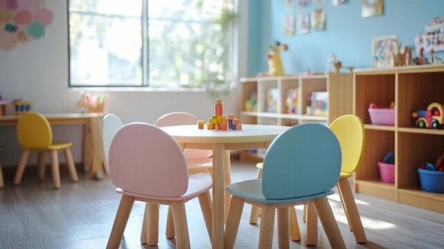 Nursery Classroom Ambiance: A bright and inviting nursery classroom setup, showcasing child-friendly furniture and playful decorations.
