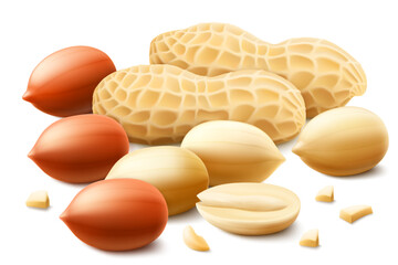 Set of shelled and unshelled peanuts, isolated on white background. For packaging with peanut butter, mix of nuts. Vegetable protein for vegetarians, healthy product. Realistic vector 3D illustration.