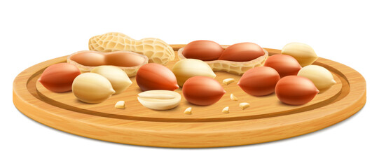 Fresh tiger striped peanuts are on a wooden tray placed isolated on a white background. Healthy food with protein. For packaging with peanut butter, a mixture of nuts. Realistic vector 3D illustration
