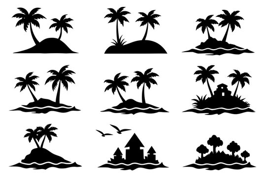 Island and Beach Silhouette Pack Isolated on White Background