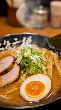 Freshly Served Steaming Japanese Ramen Noodle Soup with Pork, Egg, and Green Onions