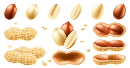 Set of whole and half peanuts, isolated on white background. For packaging with peanut butter, mix of nuts. Vegetable protein for vegetarians, healthy product. Realistic vector 3D illustration.