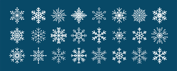 White snowflakes on dark blue background. Elegant festive collection for Christmas and winter design. Minimal geometric frosty elements. Vector illustration.