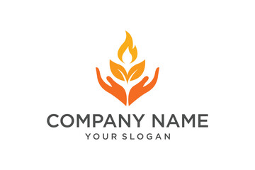Abstract Logo Design with Hands Holding Orange Leaves and a Flame Symbolizing Natural Energy