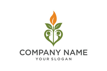 Abstract Heart Shaped Community Growth Logo with People Figures, Green Leaves, and Orange Flame