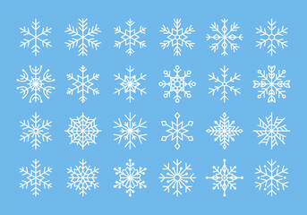 White snowflakes on light blue background. Gentle winter symbols for Christmas and New Year decoration. Minimal clean frosty collection. Vector illustration.
