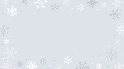 White snowflakes on light gray background. Soft winter frame for Christmas and New Year greetings. Minimal frosty seasonal background. Vector illustration.