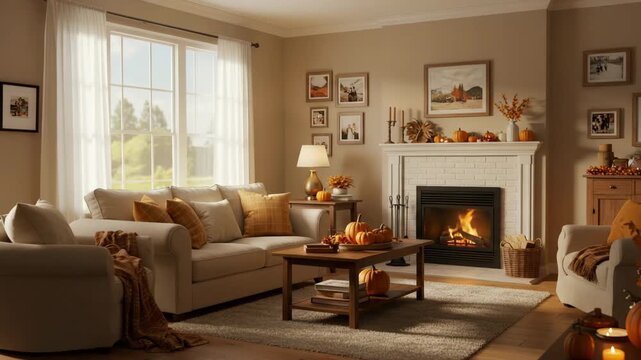 Cozy living room with warm-toned decor, lit fireplace, soft furniture, curtains and wall art, natural light from window, classic interior design, peaceful home space with comfortable seating