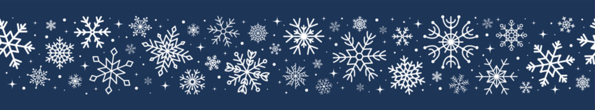 White snowflakes border on dark blue background. Elegant winter decoration for Christmas and New Year greeting. Vector illustration.