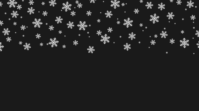 White snowflakes on black background. Elegant winter falling snow pattern for Christmas and New Year design. Minimal festive backdrop. Vector illustration.