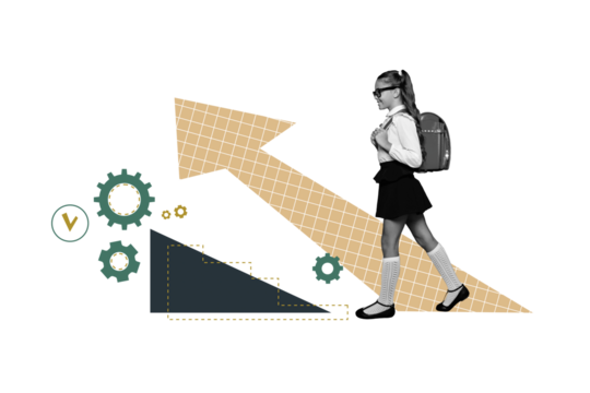 Composite photo collage of happy schoolgirl walk progress ladder education gearwheel optimization isolated on painted background