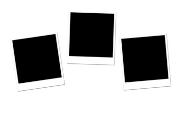 Three blank instant photo frames arranged in a cluster on a dark background with white borders and empty black spaces for memories