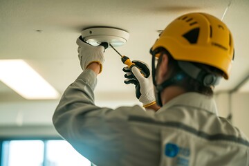 Skilled technician wearing a yellow hard hat and white gloves meticulously installing a smoke detector on a white ceiling with a screwdriver