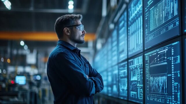 Tech Visionary at Work: A focused engineer, standing confidently amidst a modern technological display, symbolizing innovation and problem-solving in a high-tech environment.