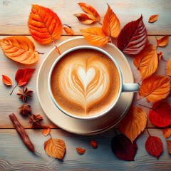 A beautifully crafted coffee latte art in white cream cup with heart shape pattern on wooden background amidst colorful autumn leaves. Generated image