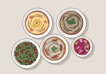 A top-down illustration of a variety of Middle Eastern dips and salads arranged on a neutral background.
