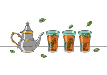An illustration of a teapot with three glasses of tea and scattered leaves.