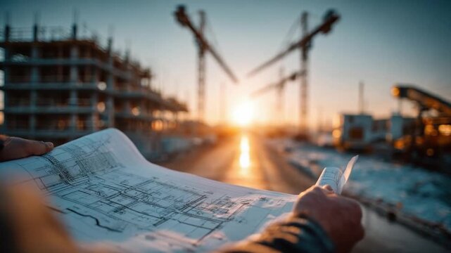 Construction Blueprint with Sunset: A detailed blueprint is held in hands with background of Construction site during sunset, symbolizing progress, planning, and architectural vision. 