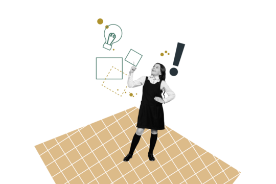 Creative trend collage of smart schoolgirl thinking study idea school shopping freak bizarre unusual fantasy