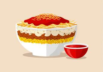 A large bowl filled with layers of various pasta types and rich red sauce, with a smaller side bowl of sauce.