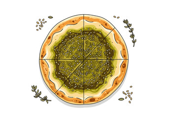 A large bowl of layered pasta with spaghetti, macaroni, meat, and red tomato sauce, served with an extra side of sauce.