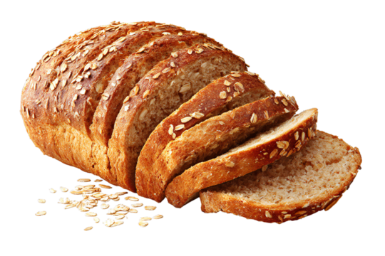 Sliced whole grain oat bread loaf isolated on transparent background — fresh baked multigrain bread with seeds and golden crust