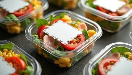 Multiple clear plastic food containers filled with fresh salads and blank white labels. These ready-to-eat meals offer healthy options for busy people.