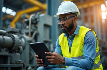 African male engineer wearing white hard hat and yellow safety vest sits and checks industrial machinery system using a tablet in a factory. Man monitors equipment. Industrial production process.