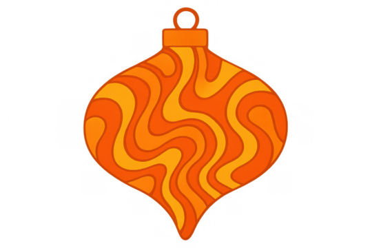 Orange christmas ornament showcasing a wavy psychedelic pattern in 70s style. Transparent background