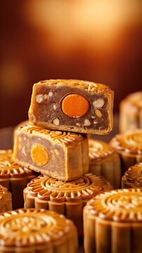 Hand Reveals Delicious Traditional Mooncake with Golden Yolk and Nut Filling, Stacked Pastries