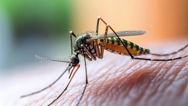 Macro of A Bloodsucker: A detailed macro shot reveals a mosquito feasting on a person's skin, its proboscis piercing the epidermis to extract a blood meal. A clear image of mosquito